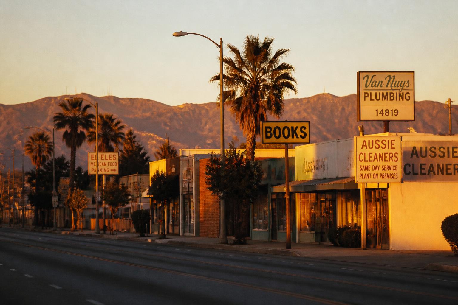 Van Nuys Boulevard at golden hour with palm trees and small storefronts, San Fernando Valley