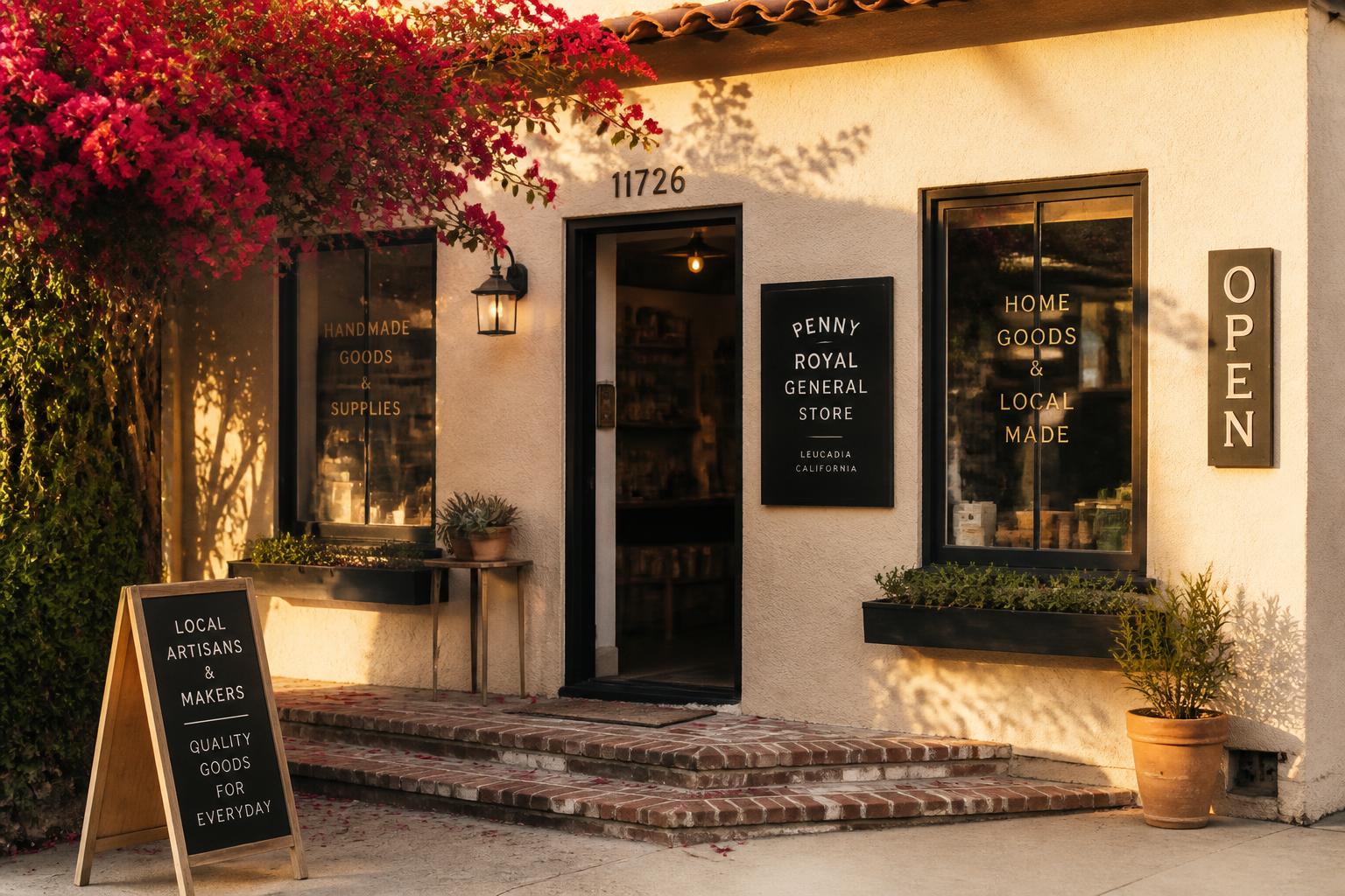 A small family-owned storefront in the San Fernando Valley with bougainvillea and warm afternoon light